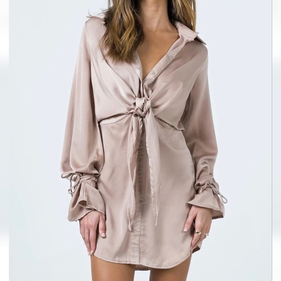 Princess Polly Liberty Beige satin tie-front long sleeve Mini dress - Picture 3 of 6